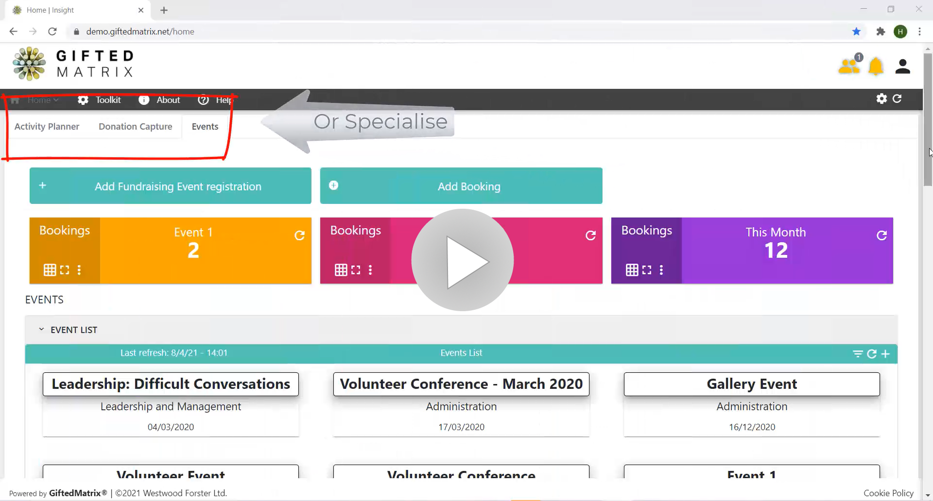 Screenshot of table summaries and widgets from Gifted Solutions software